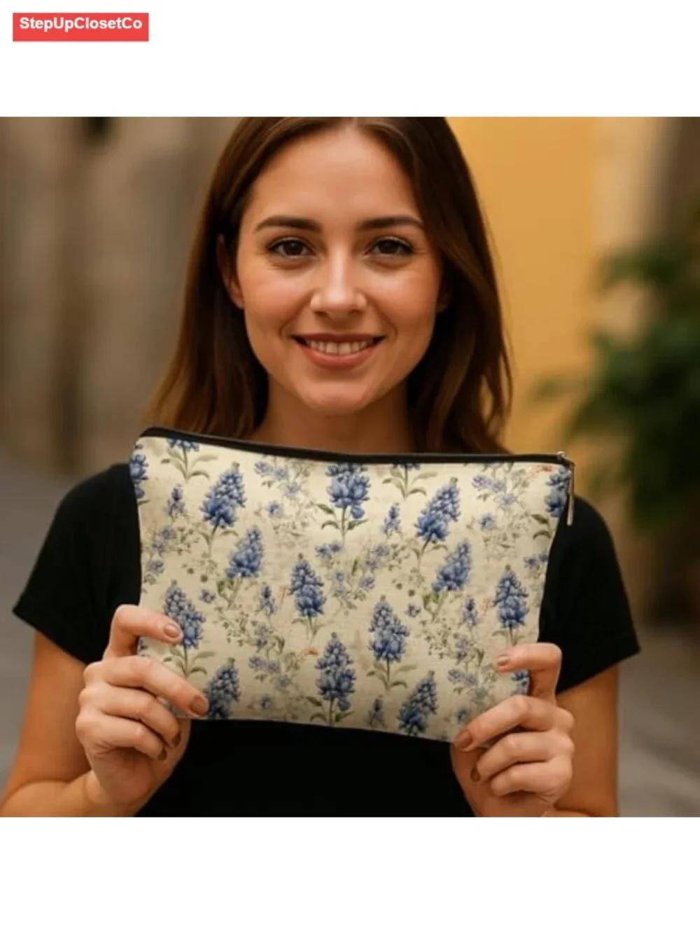 Vintage Texas Bluebonnet Floral Makeup Bag, Waterproof Linen Cosmetic Pouch,